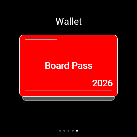 WalletPro Garmin watch screen showing a selected QR card in the wallet stack.
